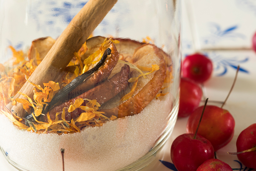 glazen pot met gedroogde appel, rietsuiker en vanillestokje